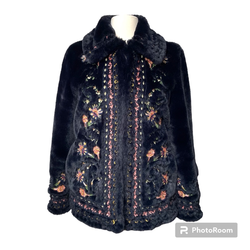 Zara navy blue floral embroidery faux fur coat Size S - Picture 2 of 11